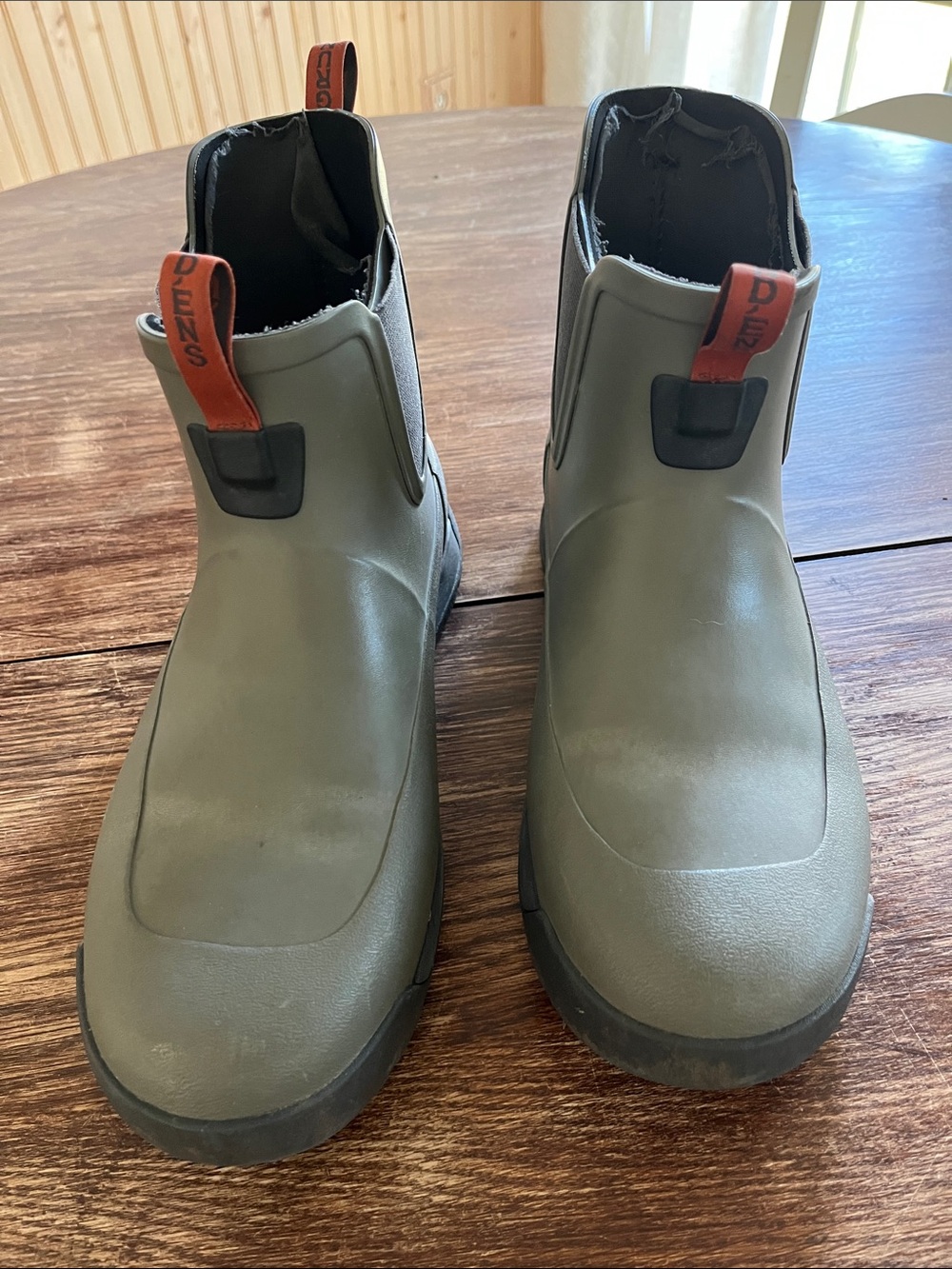 Men's Olive Green Waterproof Grundens boots.